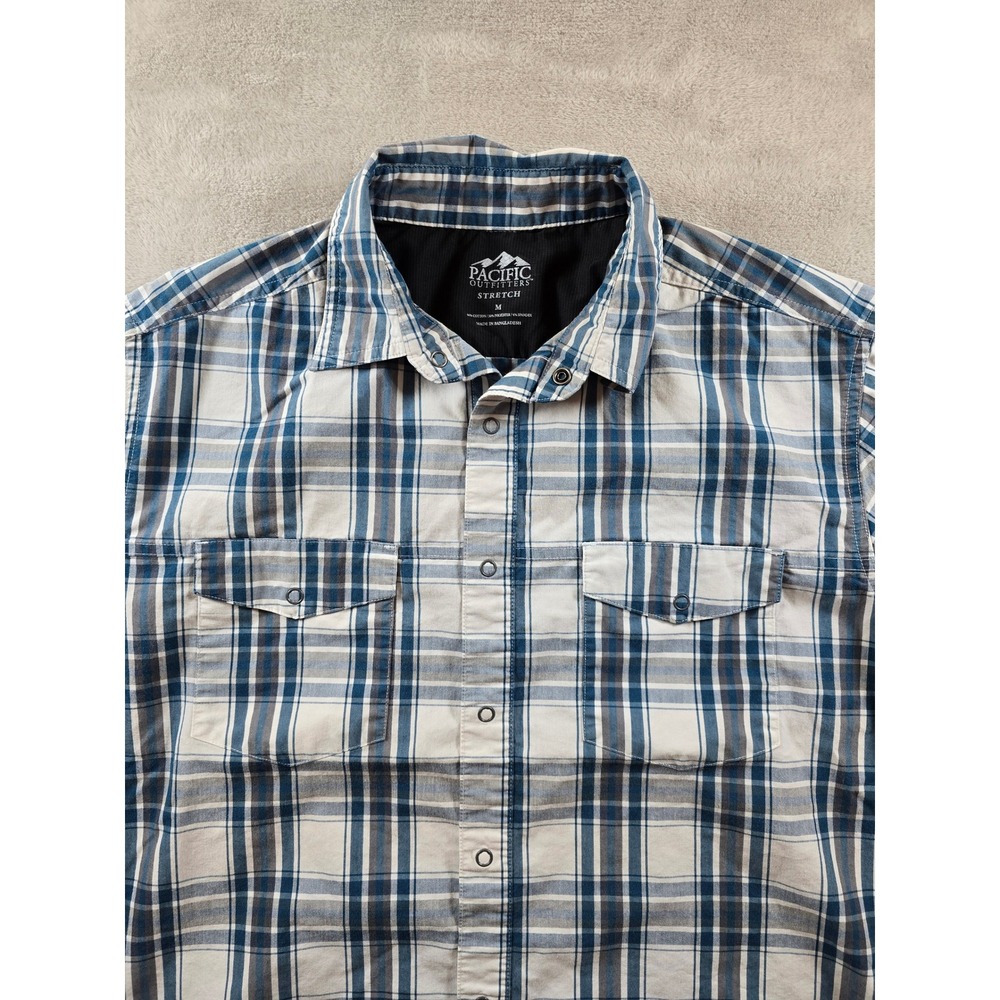Pacific Outfitters Shirt Mens M Blue Stretch Plaid Short Sleeve Snap Button